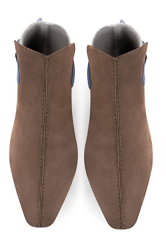 Chocolate brown, light silver and denim blue women's ankle boots with buckles at the back. Square toe. Flat flare heels. Top view - Florence KOOIJMAN